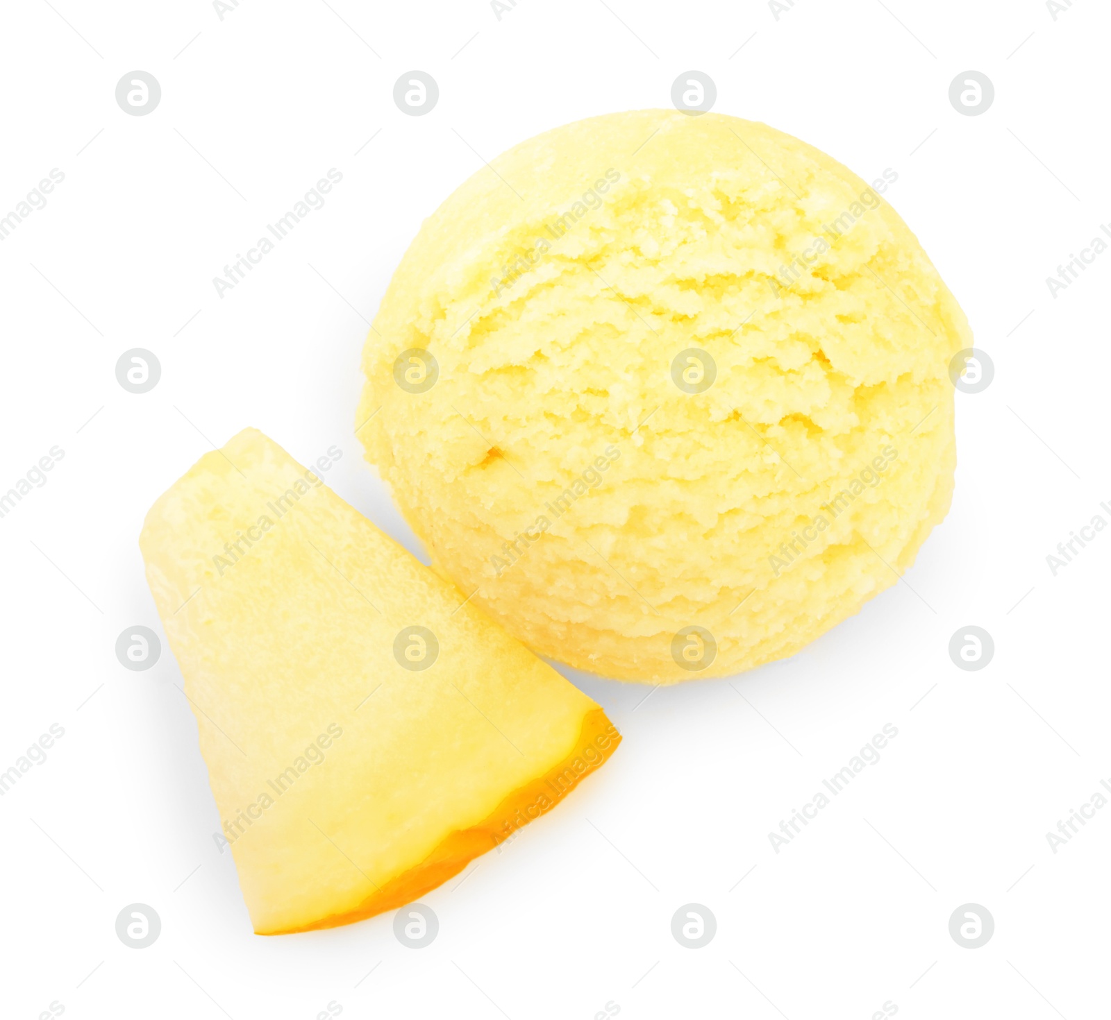 Photo of Tasty melon sorbet and piece of fresh fruit isolated on white, top view