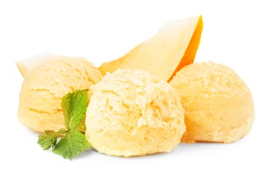 Tasty melon sorbet, piece of fresh fruit and mint isolated on white