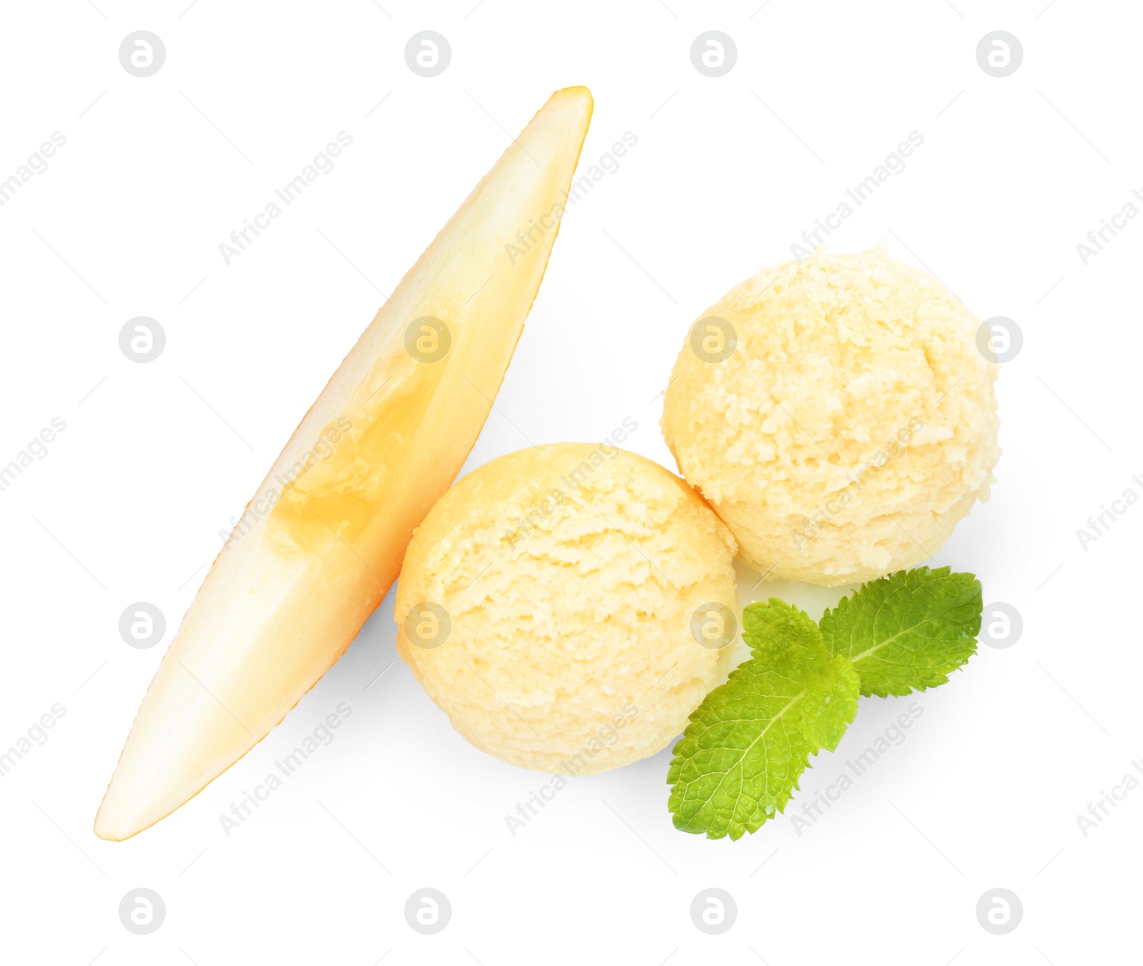 Photo of Tasty melon sorbet, piece of fresh fruit and mint isolated on white, top view