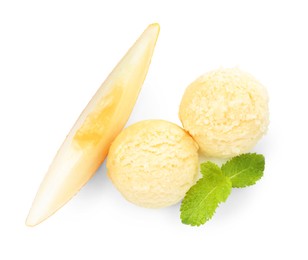 Tasty melon sorbet, piece of fresh fruit and mint isolated on white, top view