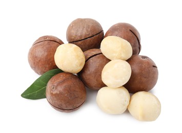 Macadamia nuts with shells isolated on white