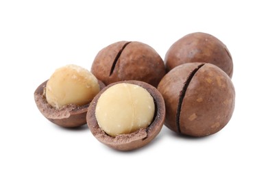 Macadamia nuts with shells isolated on white