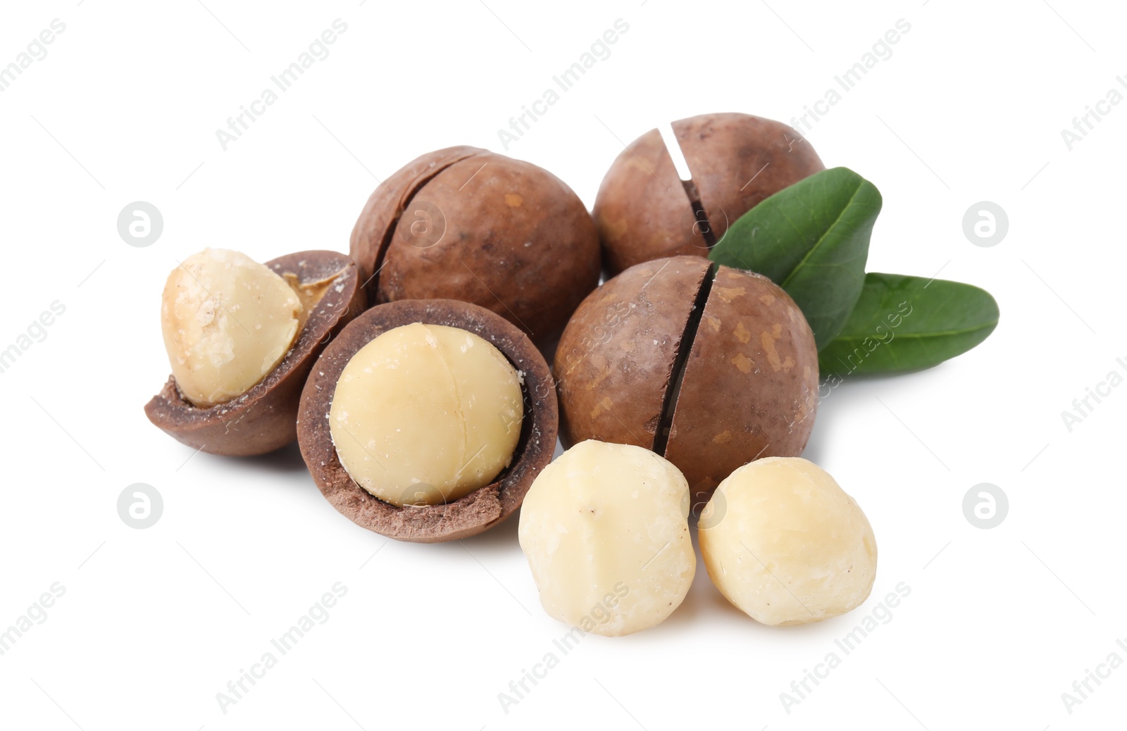 Photo of Macadamia nuts with shells isolated on white