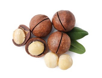 Macadamia nuts with shells isolated on white, top view