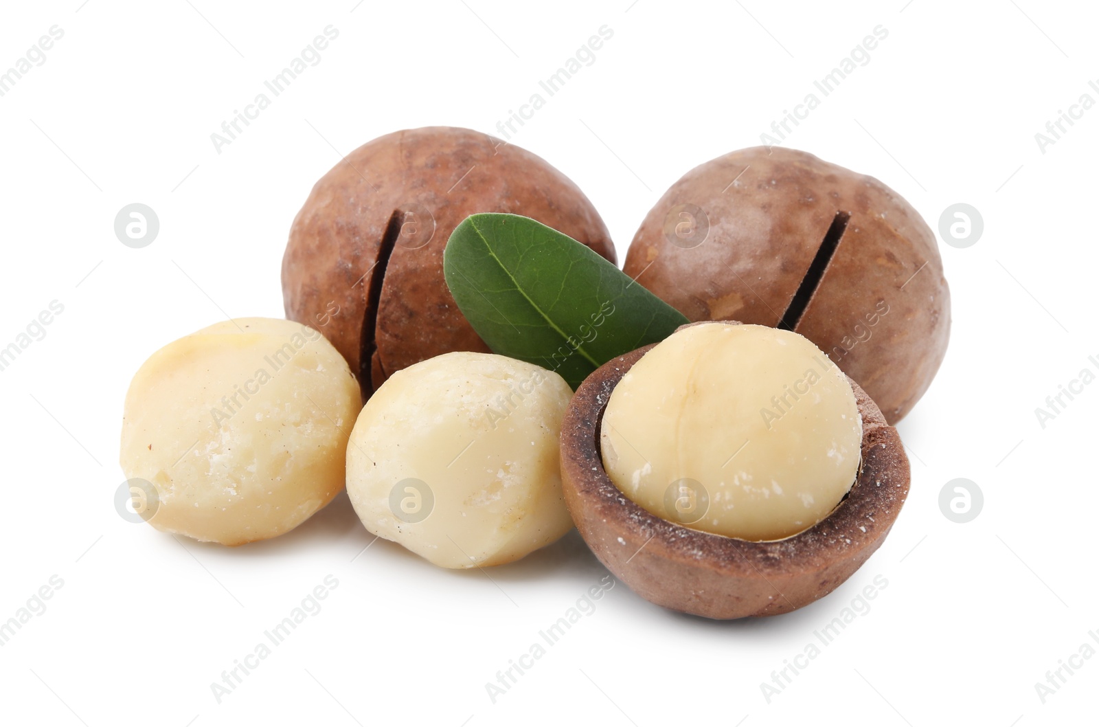 Photo of Macadamia nuts with shells isolated on white