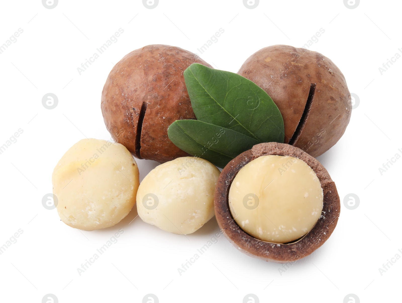 Photo of Macadamia nuts with shells isolated on white