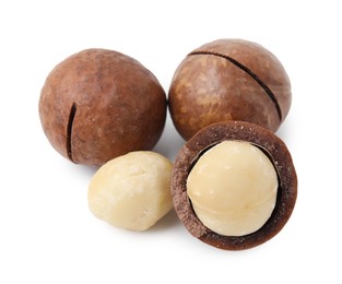 Macadamia nuts with shells isolated on white