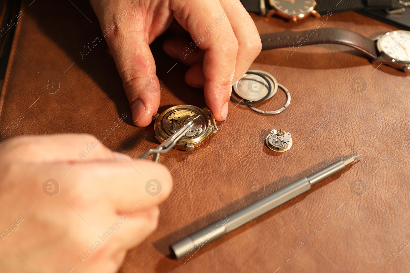 Photo of Man fixing mechanism of vintage wrist watch at table, closeup