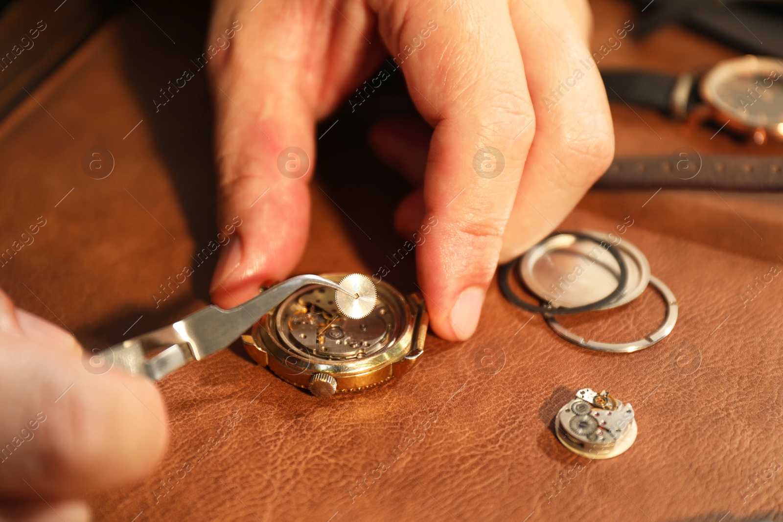 Photo of Man fixing mechanism of vintage wrist watch at table, closeup