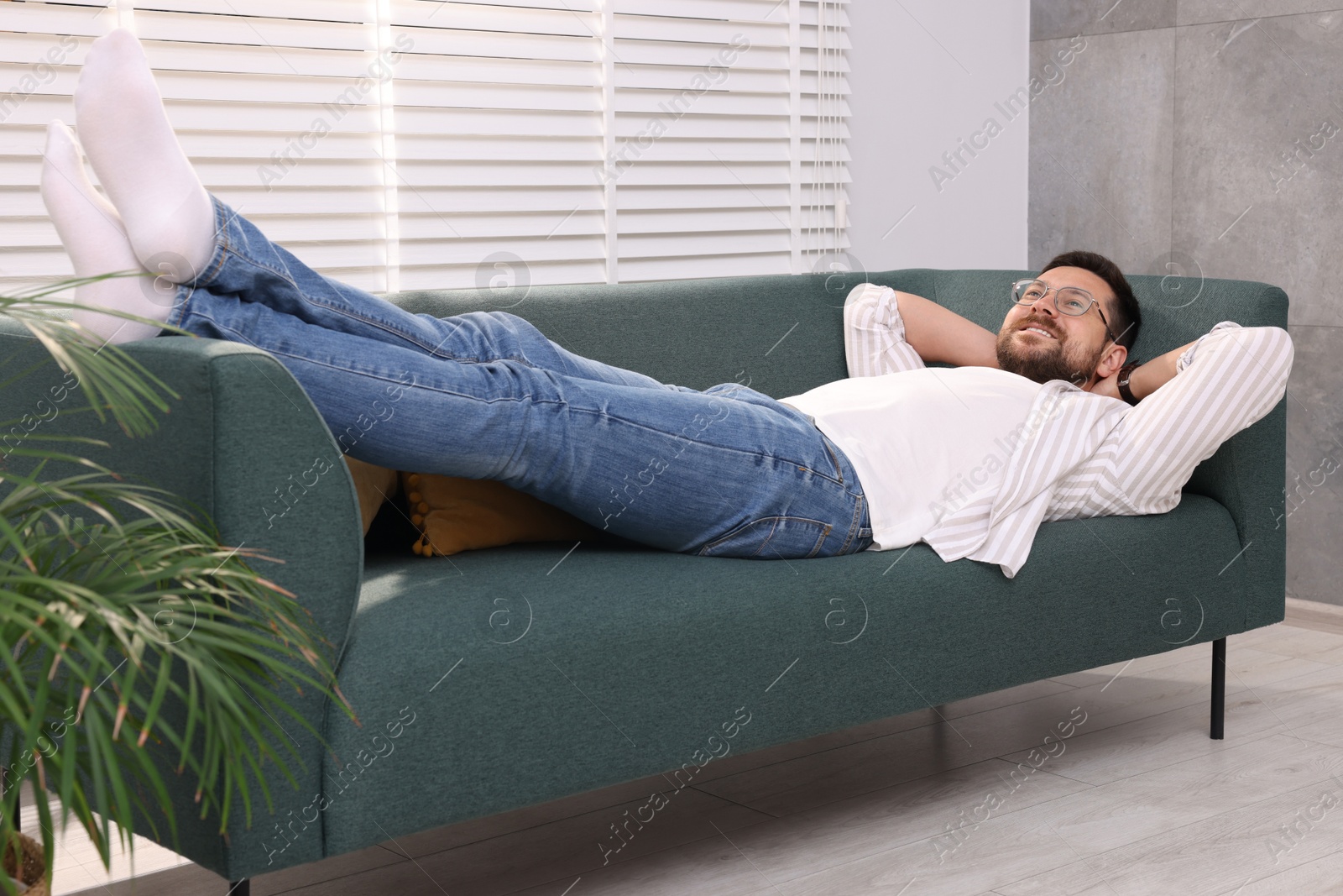 Photo of Smiling man with hands behind his head relaxing on sofa at home