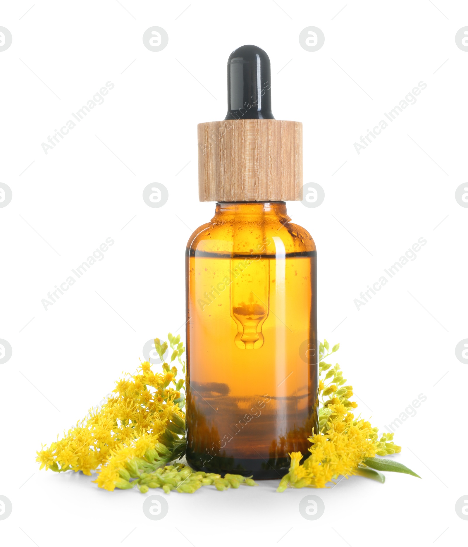 Photo of Bottle of tincture and goldenrods flowers isolated on white