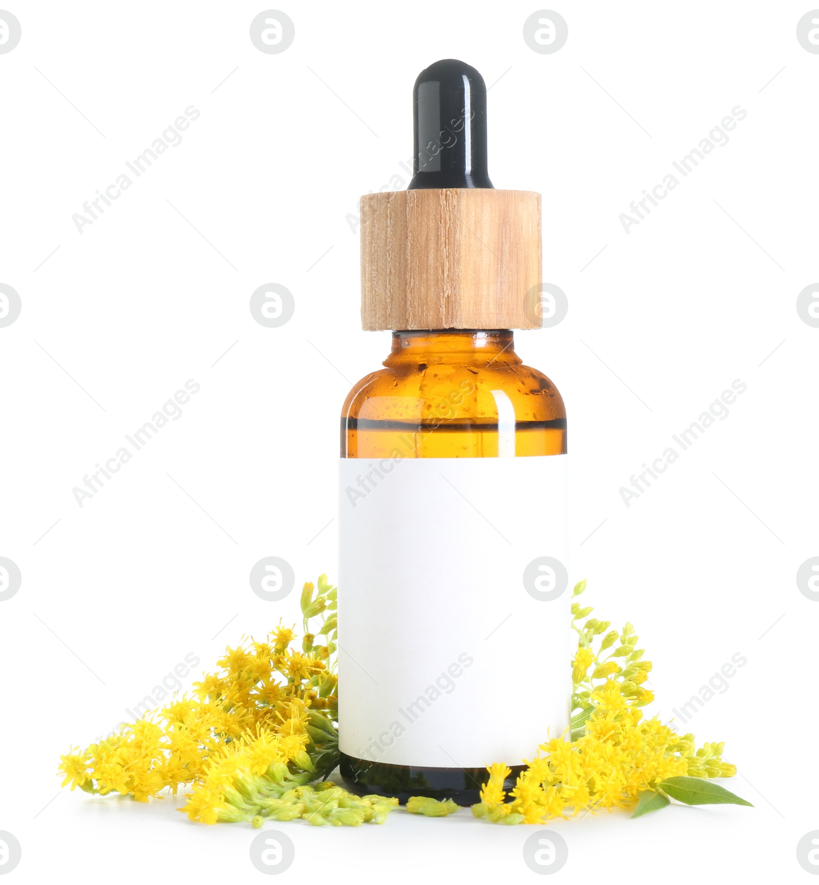 Photo of Bottle of tincture and goldenrods flowers isolated on white