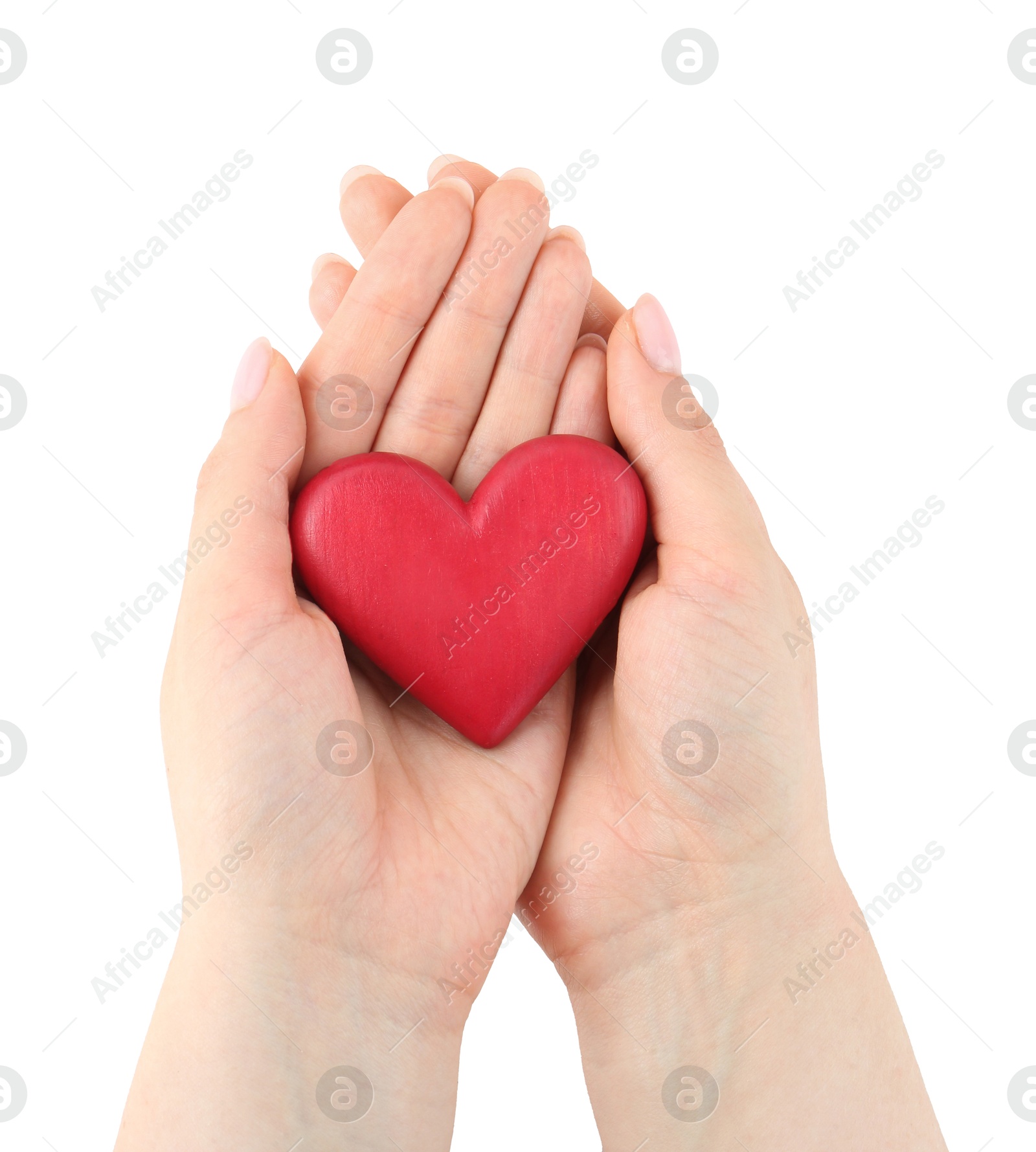 Photo of Woman with red decorative heart on white background, top view