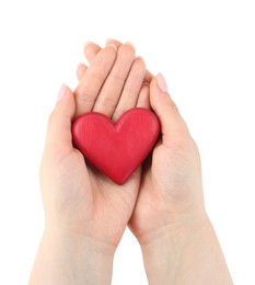 Woman with red decorative heart on white background, top view