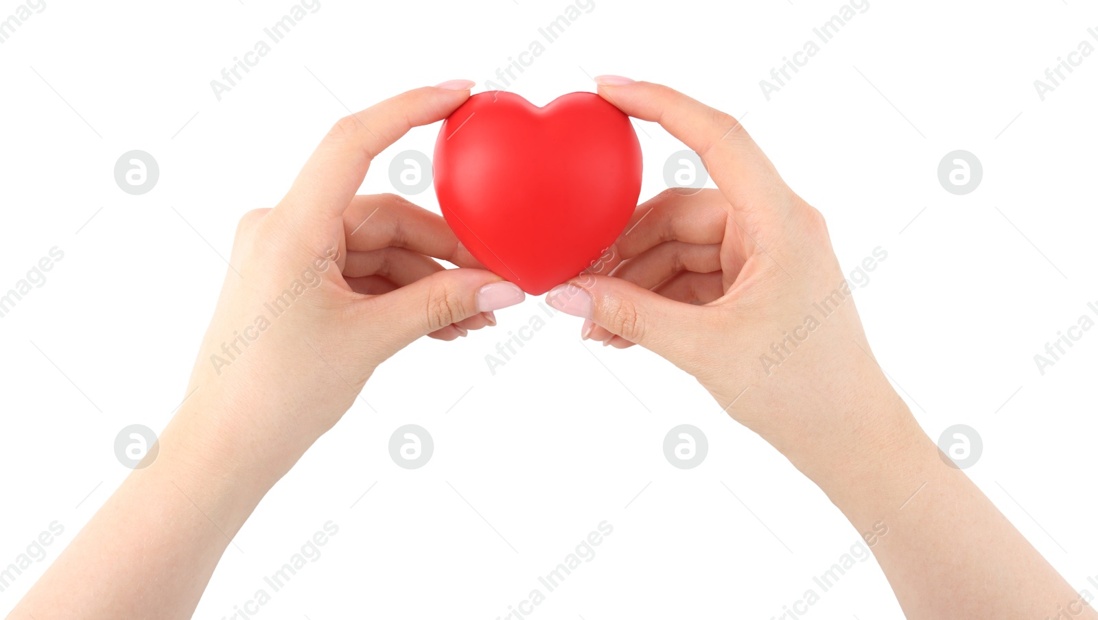 Photo of Woman with red decorative heart on white background, above view