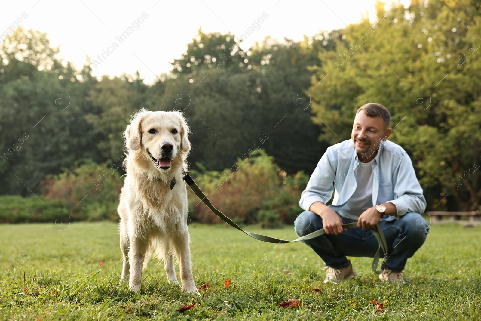 Photo of Smiling man with cute Golden Retriever dog on spring day