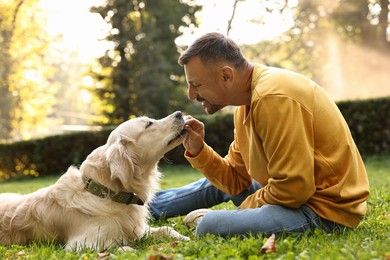 Smiling man with cute Golden Retriever dog on spring day