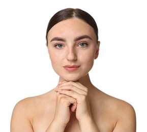 Beautiful young woman with healthy skin on white background