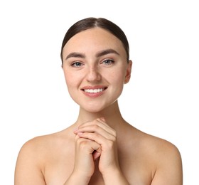 Beautiful young woman with healthy skin on white background