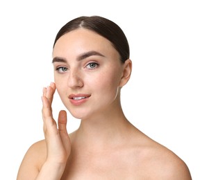 Face massage. Beautiful young woman on white background