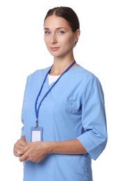 Photo of Nurse in medical uniform with badge on white background