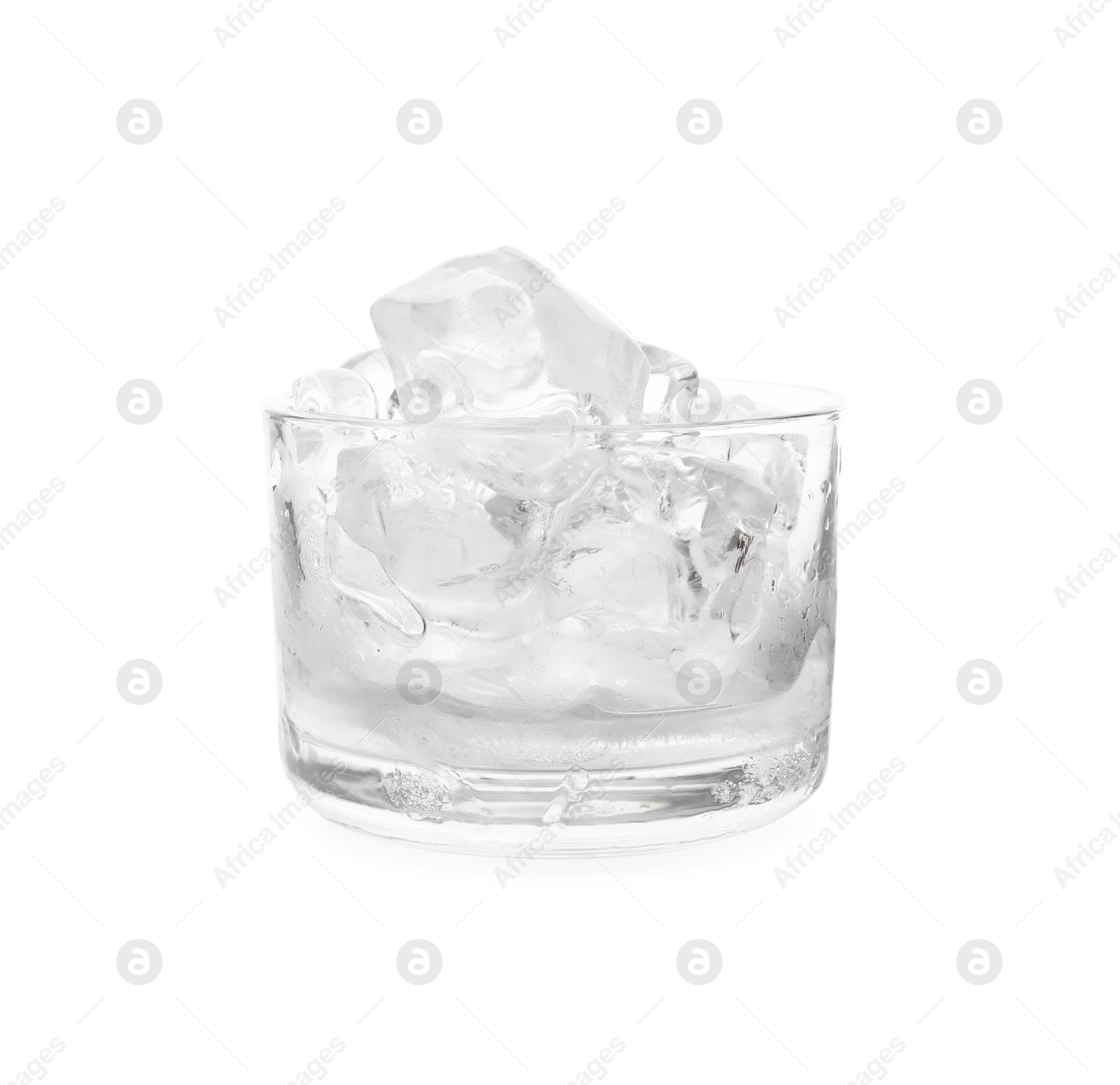 Photo of One glass with ice for refreshing drink isolated on white