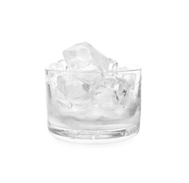 Photo of One glass with ice for refreshing drink isolated on white