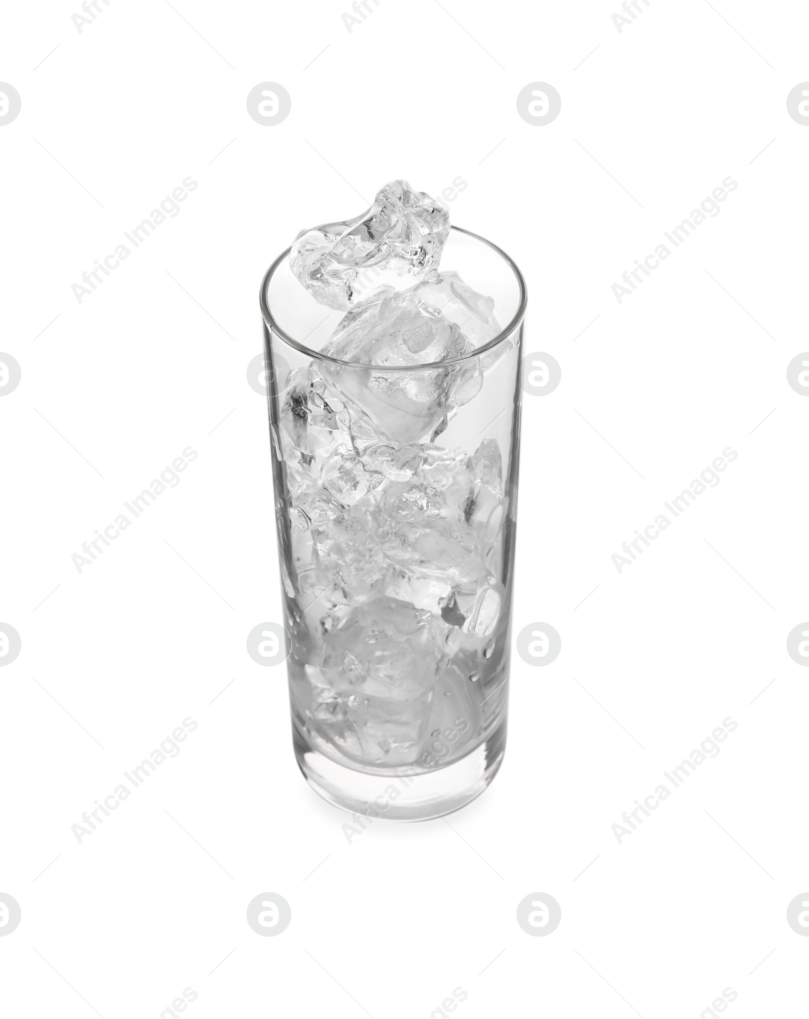 Photo of One glass with ice for refreshing drink isolated on white