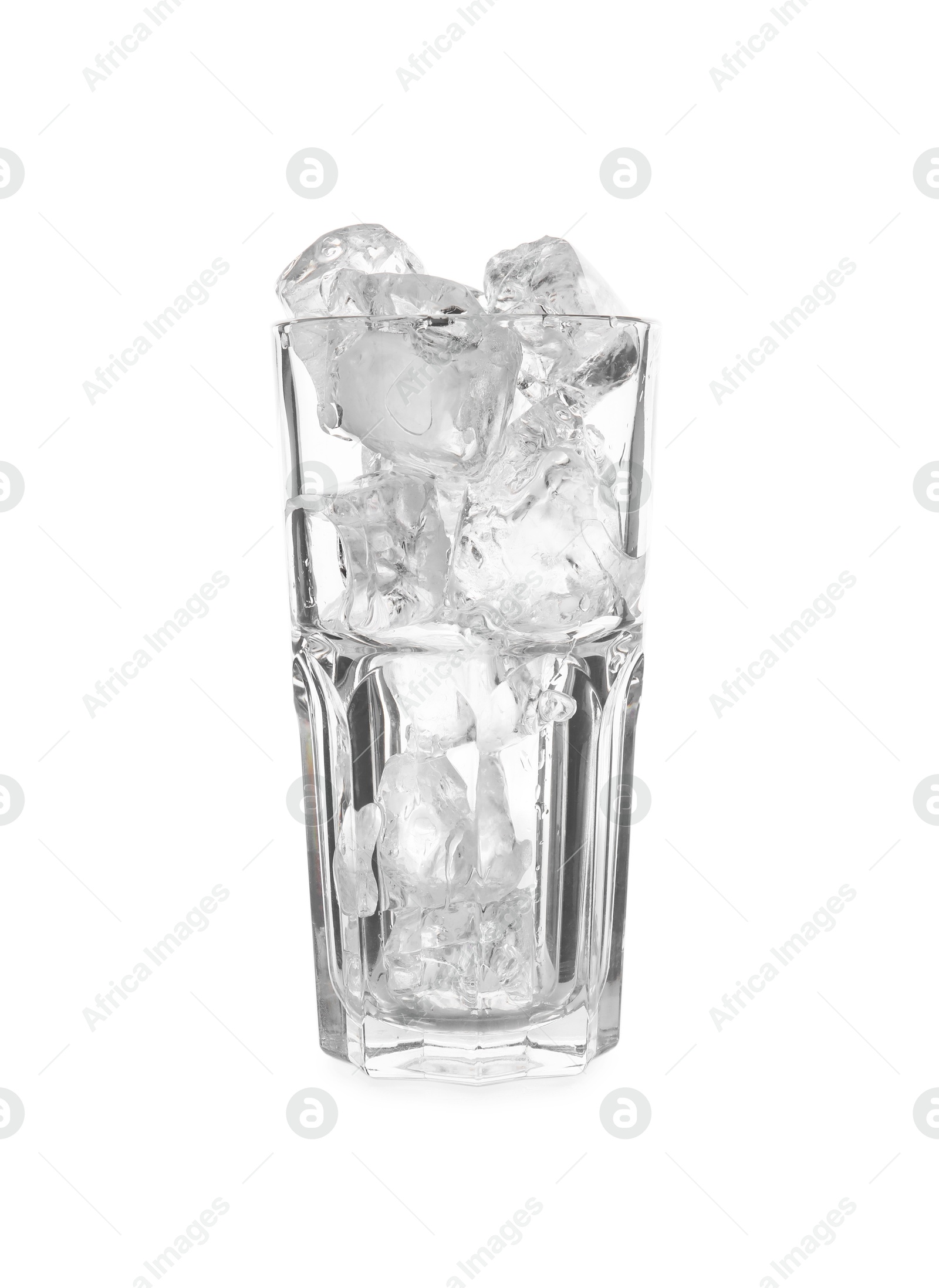 Photo of One glass with ice for refreshing drink isolated on white