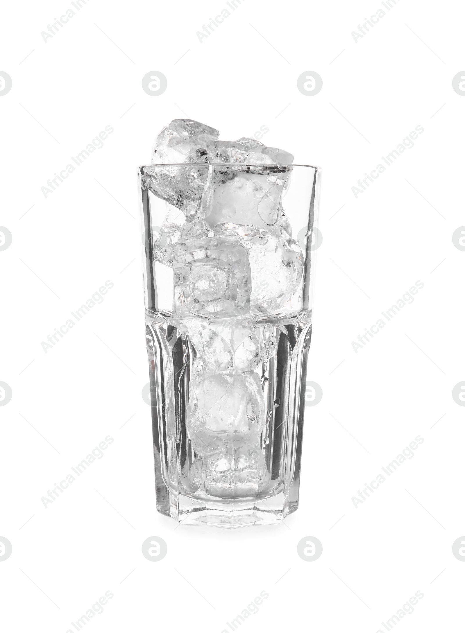 Photo of One glass with ice for refreshing drink isolated on white