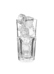 Photo of One glass with ice for refreshing drink isolated on white