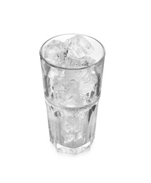 Photo of One glass with ice for refreshing drink isolated on white