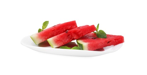 Photo of Fresh watermelon slices with mint leaves isolated on white