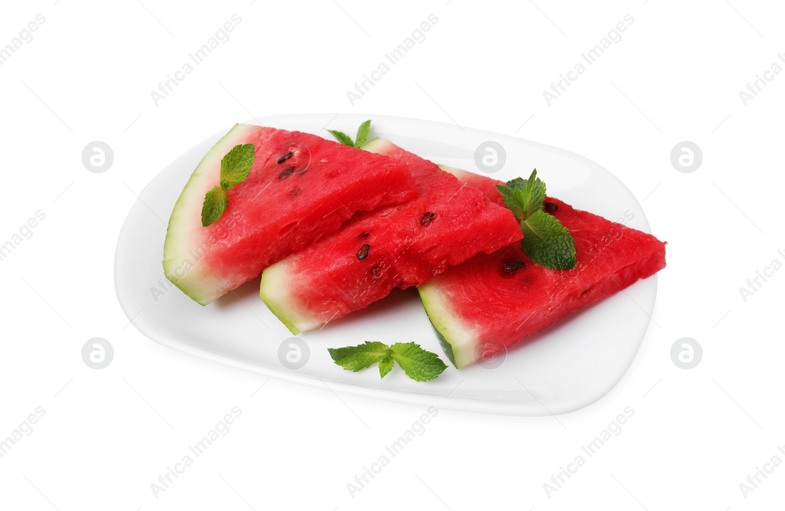 Photo of Fresh watermelon slices with mint leaves isolated on white