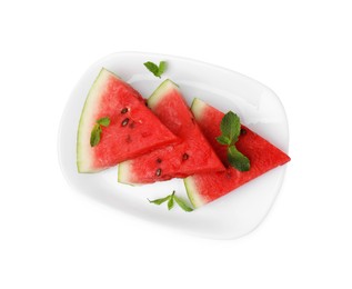 Photo of Fresh watermelon slices with mint leaves isolated on white, top view