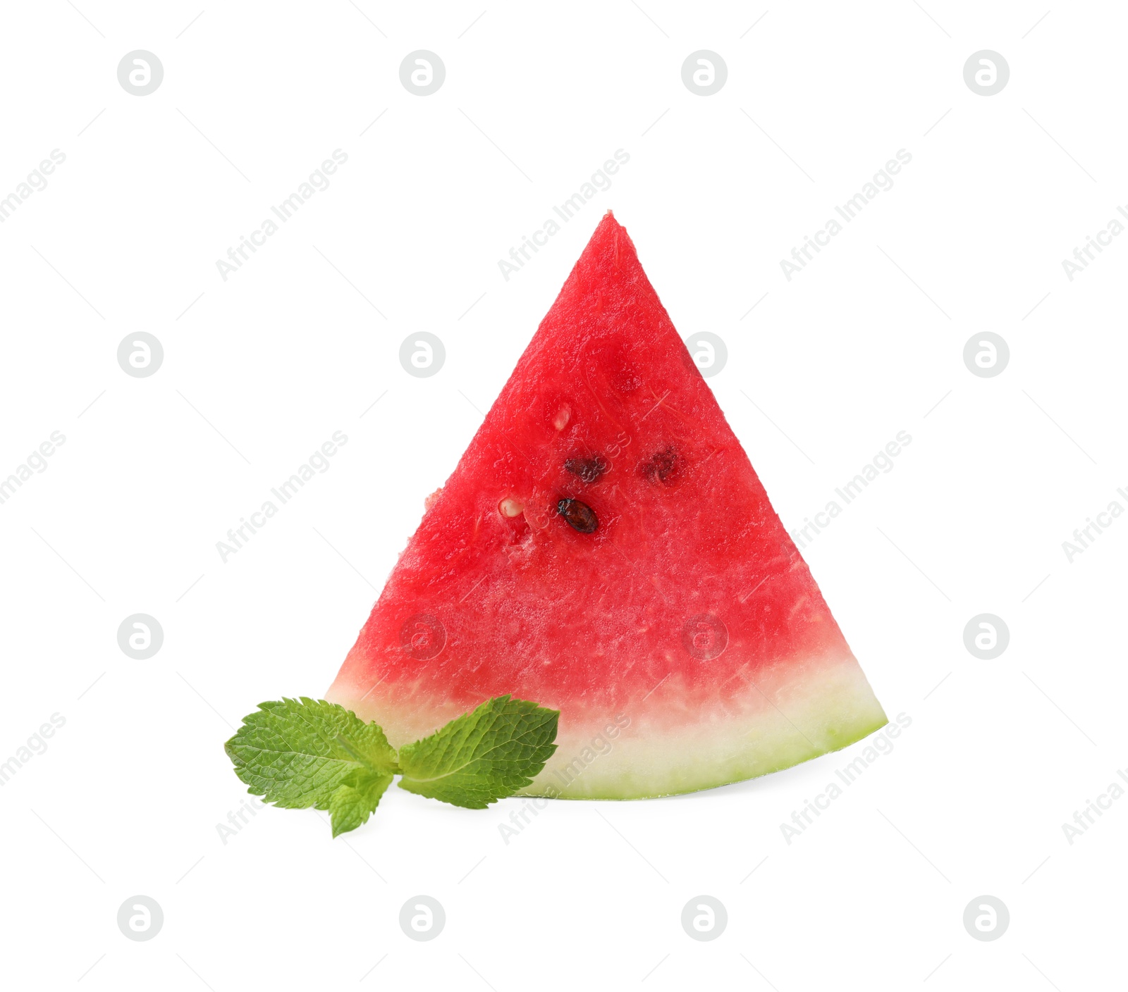 Photo of Fresh watermelon slice with mint leaves isolated on white