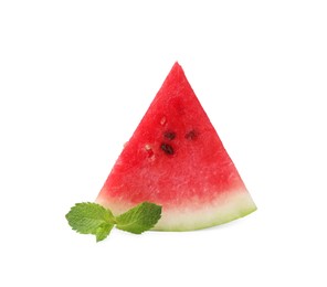 Photo of Fresh watermelon slice with mint leaves isolated on white