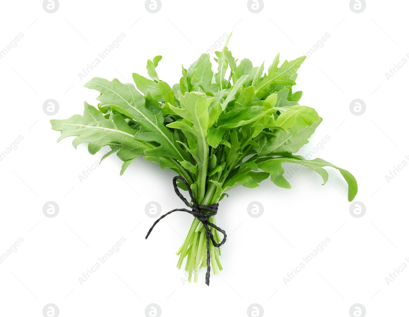 Photo of Bunch of fresh arugula leaves isolated on white, top view