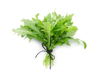 Photo of Bunch of fresh arugula leaves isolated on white, top view