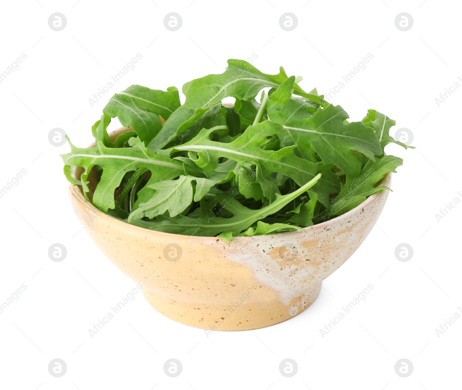 Photo of Fresh arugula leaves in bowl isolated on white