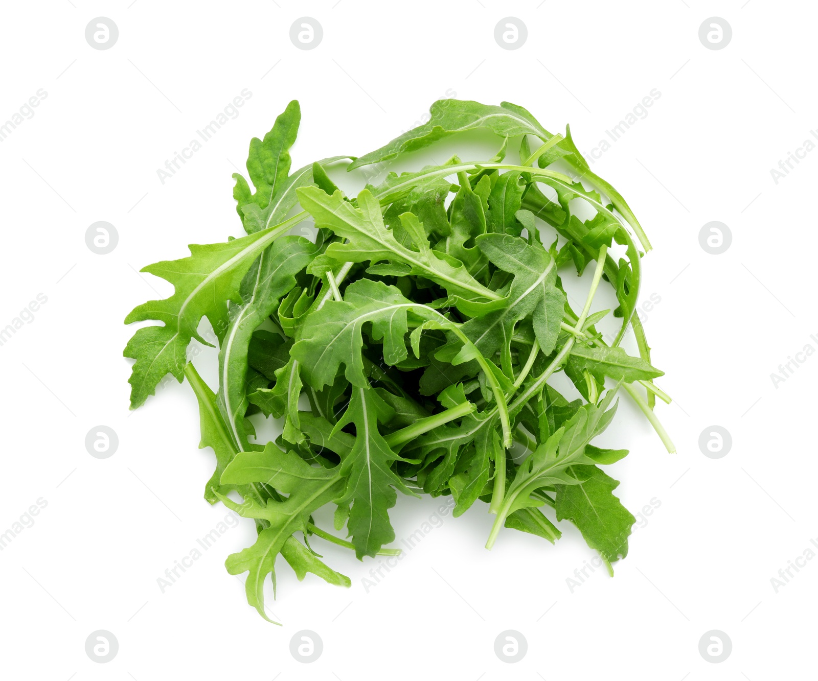 Photo of Pile of fresh arugula leaves isolated on white, above view