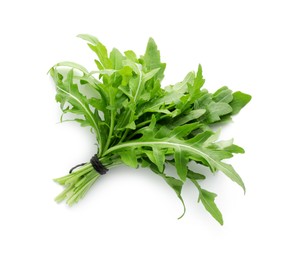 Photo of Bunch of fresh arugula leaves isolated on white, top view