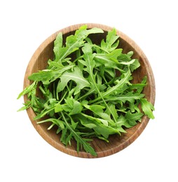 Photo of Fresh arugula leaves in bowl isolated on white, top view