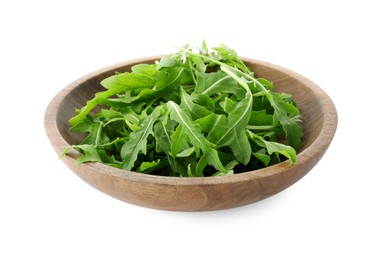 Photo of Fresh arugula leaves in bowl isolated on white