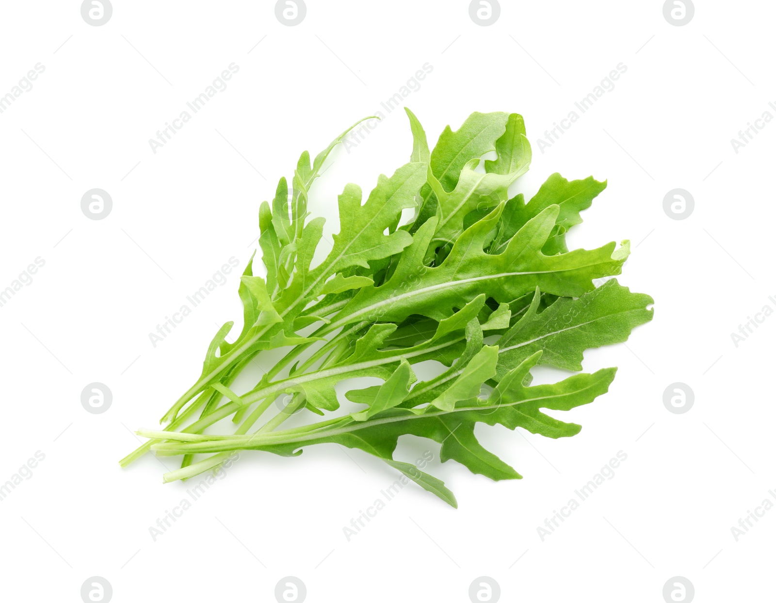 Photo of Fresh arugula leaves isolated on white, top view