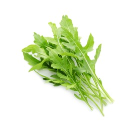 Photo of Fresh arugula leaves isolated on white, top view