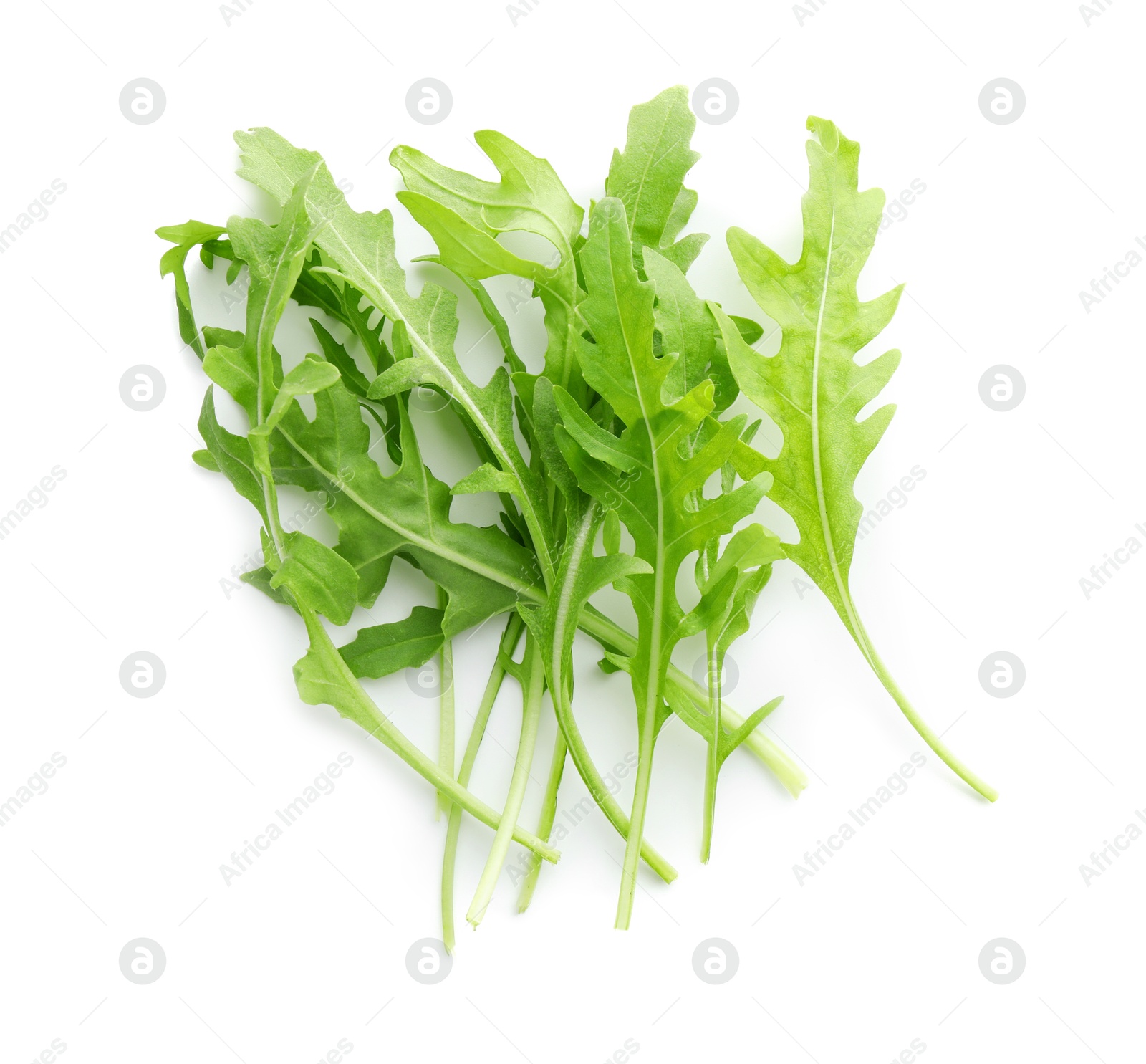 Photo of Fresh arugula leaves isolated on white, top view