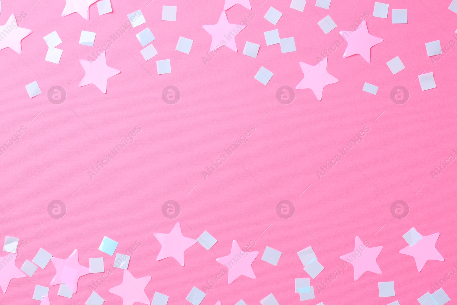 Photo of Beautiful confetti on pink background, flat lay. Space for text