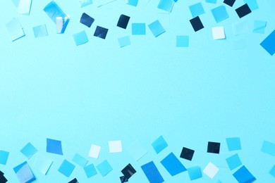 Beautiful confetti on light blue background, flat lay. Space for text