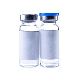 Medication in vials with blank labels isolated on white